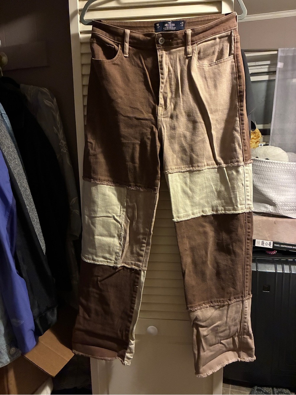Womens Brown Patchwork Pants - Brown & Cream